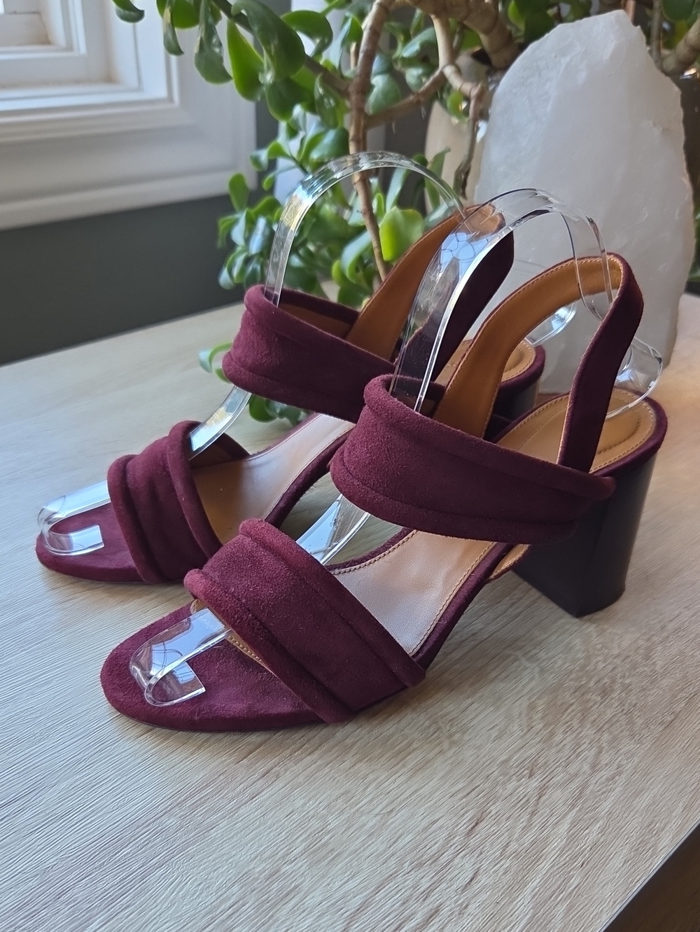 Chloe Suede Burgundy Double Strap Block Heel Sandals